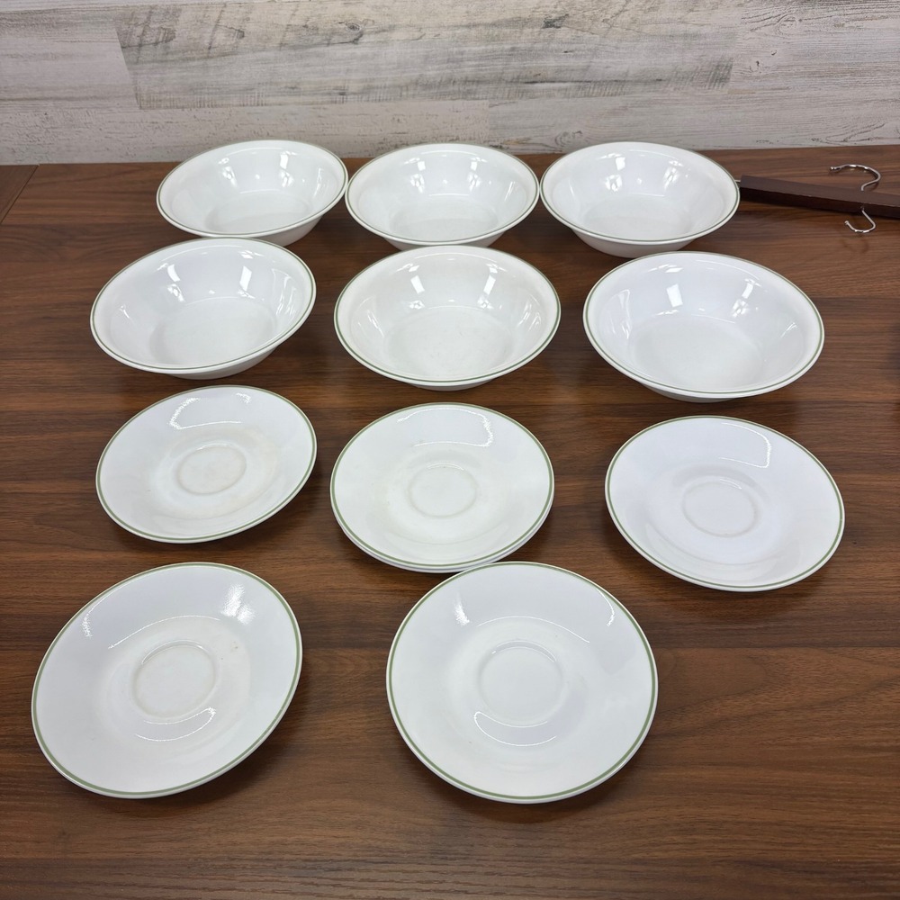 Vintage Corelle By Corning 6 Bread Plates & 6 Cereal‎ Bowls with Green Trim